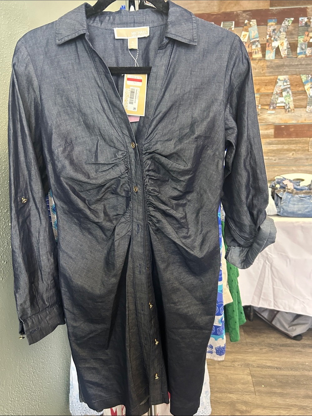 Michael Kors Dark Blue Ruched Front Denim-Style Shirt Dress